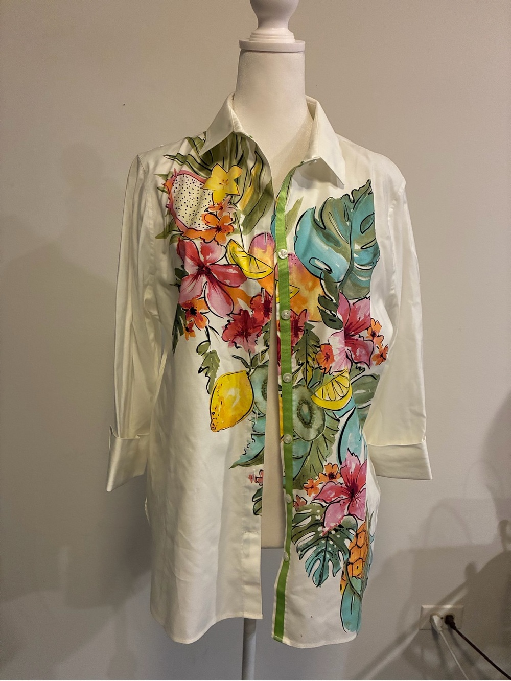 Chicos No Iron Tropical Floral Button-Up Shirt - White with Multicolor Print
